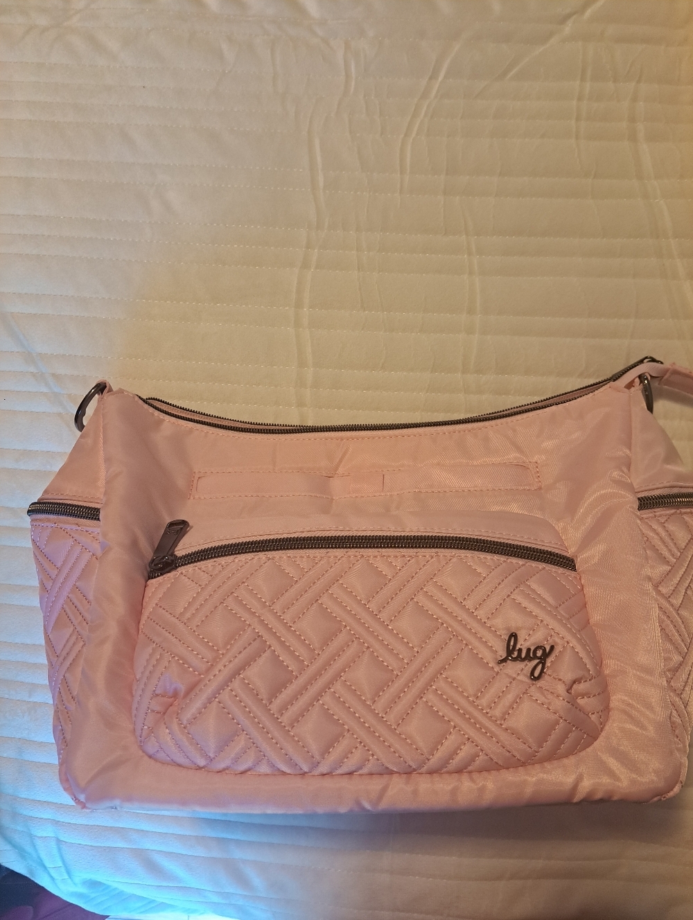 lug Cha Cha In Bubble Pink Quilted Light Pink Crossbody with Front Zip Pocket